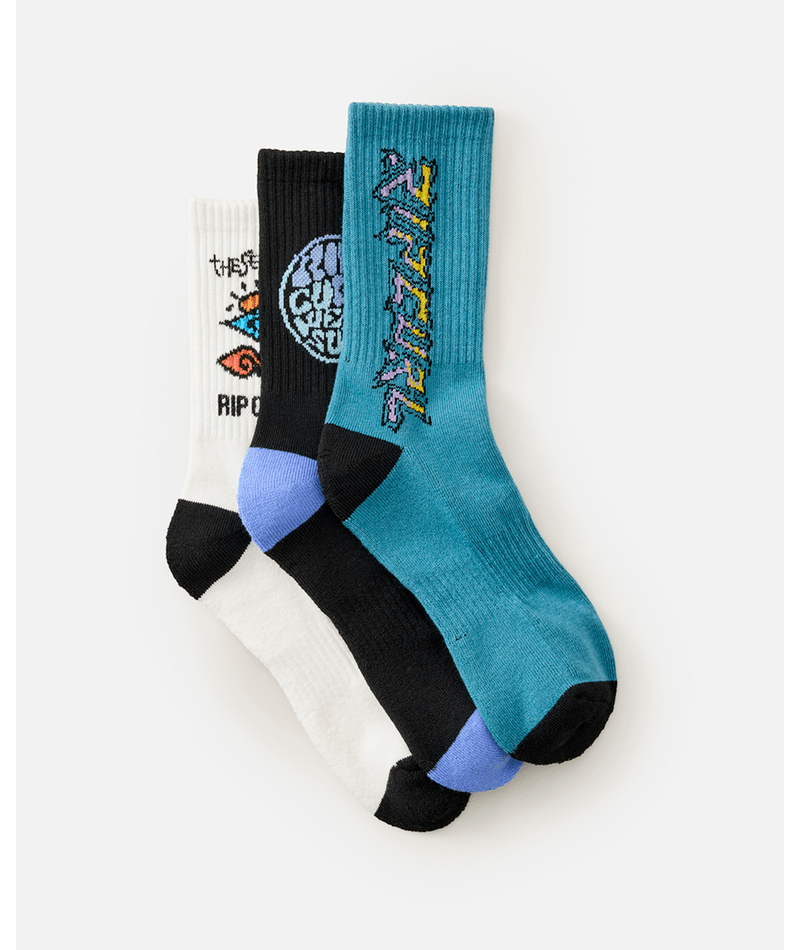Rip Curl Logo Crew Sock 3-Pk - Boy in BLACK/WHITE