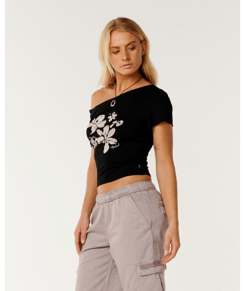 Rip Curl Echo Wave Off Shoulder Tee in Black