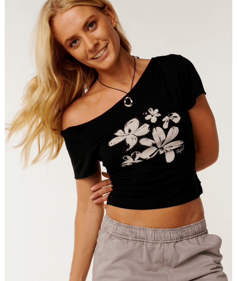 Rip Curl Echo Wave Off Shoulder Tee in Black