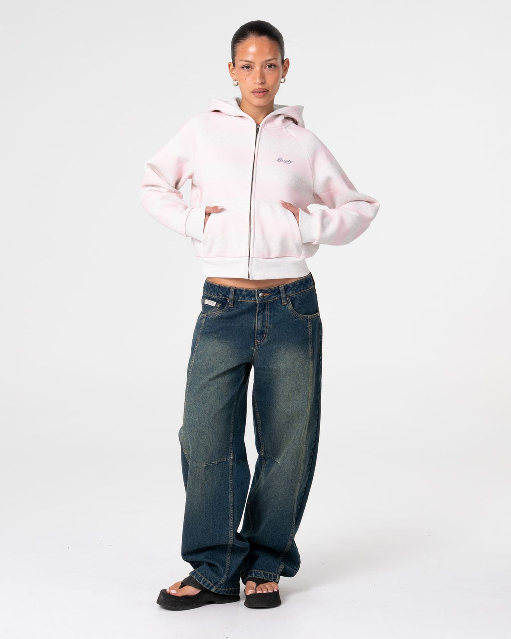 Rusty G6 CROPPED ZIP THROUGH HOODED FLEECE in ECRU MARLE / PINK