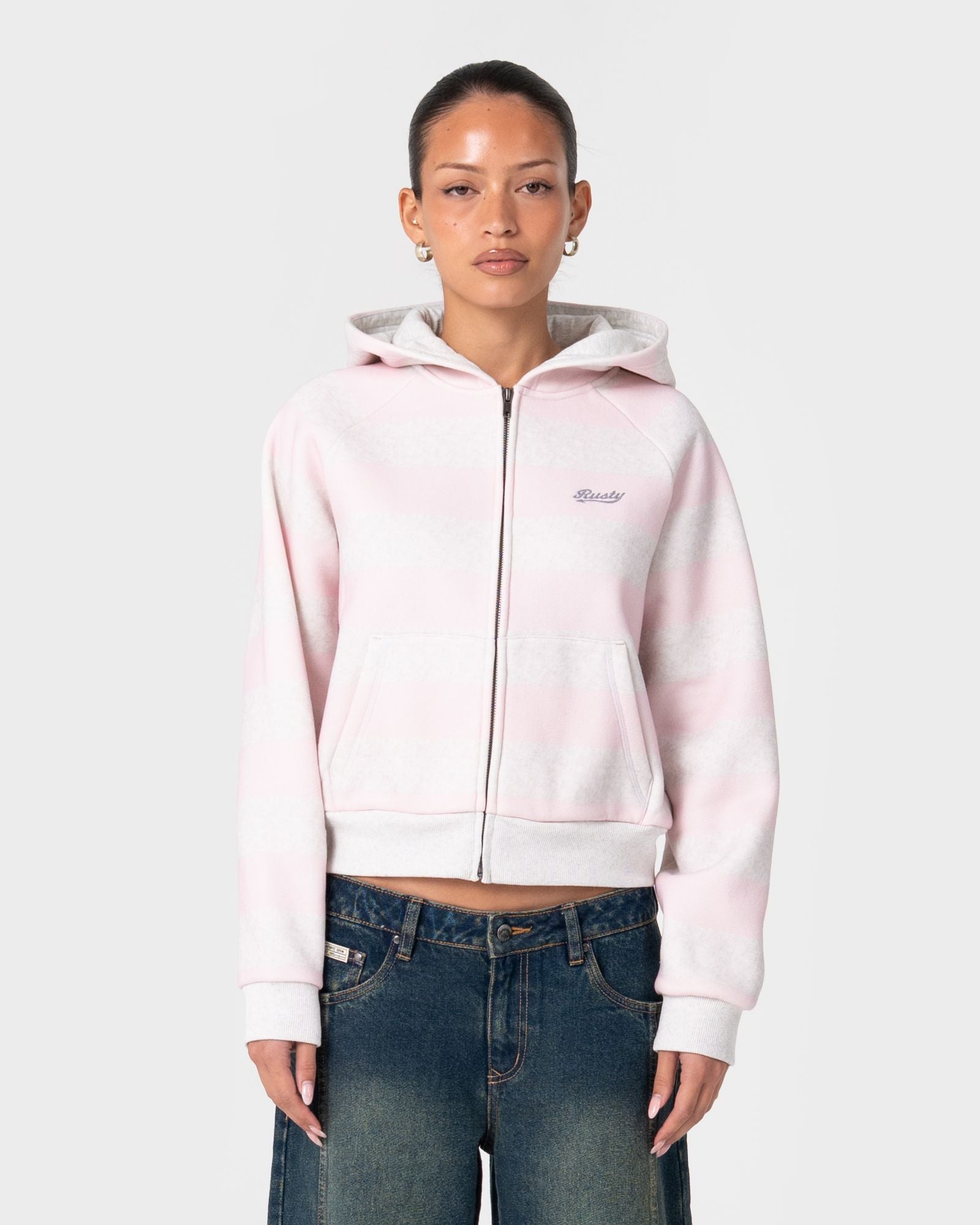 Rusty G6 CROPPED ZIP THROUGH HOODED FLEECE in ECRU MARLE / PINK