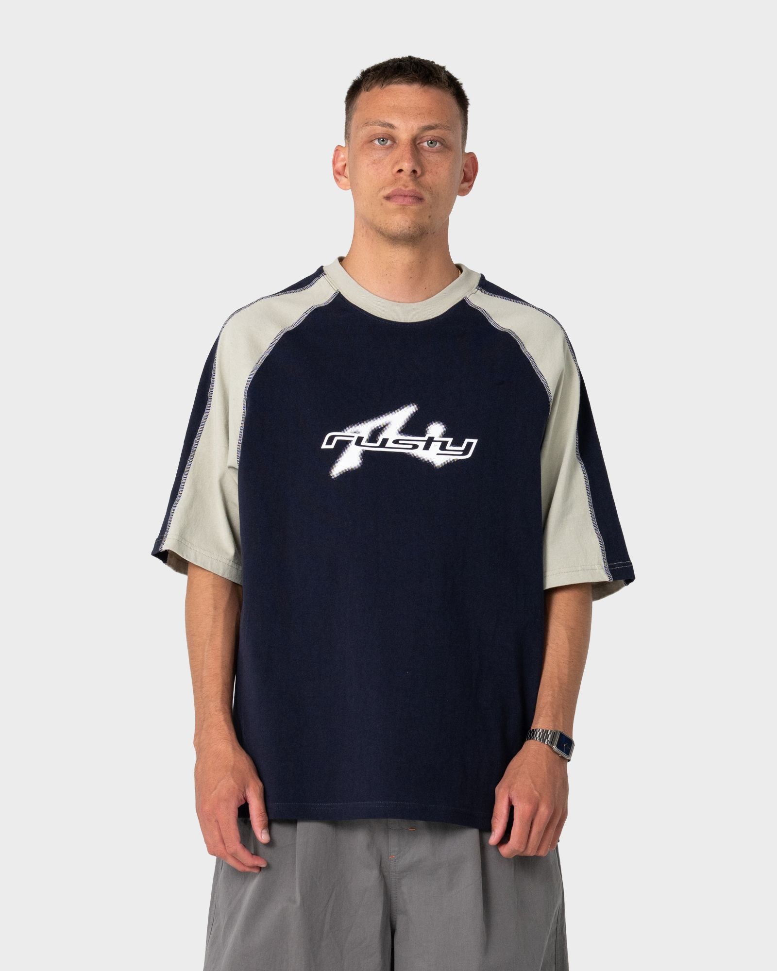 Rusty Fade-R Panel Graphic Tee in NAVY BLUE