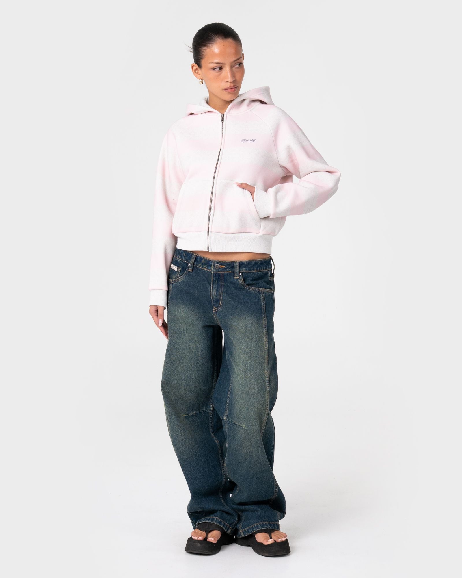 Rusty G6 CROPPED ZIP THROUGH HOODED FLEECE in ECRU MARLE / PINK
