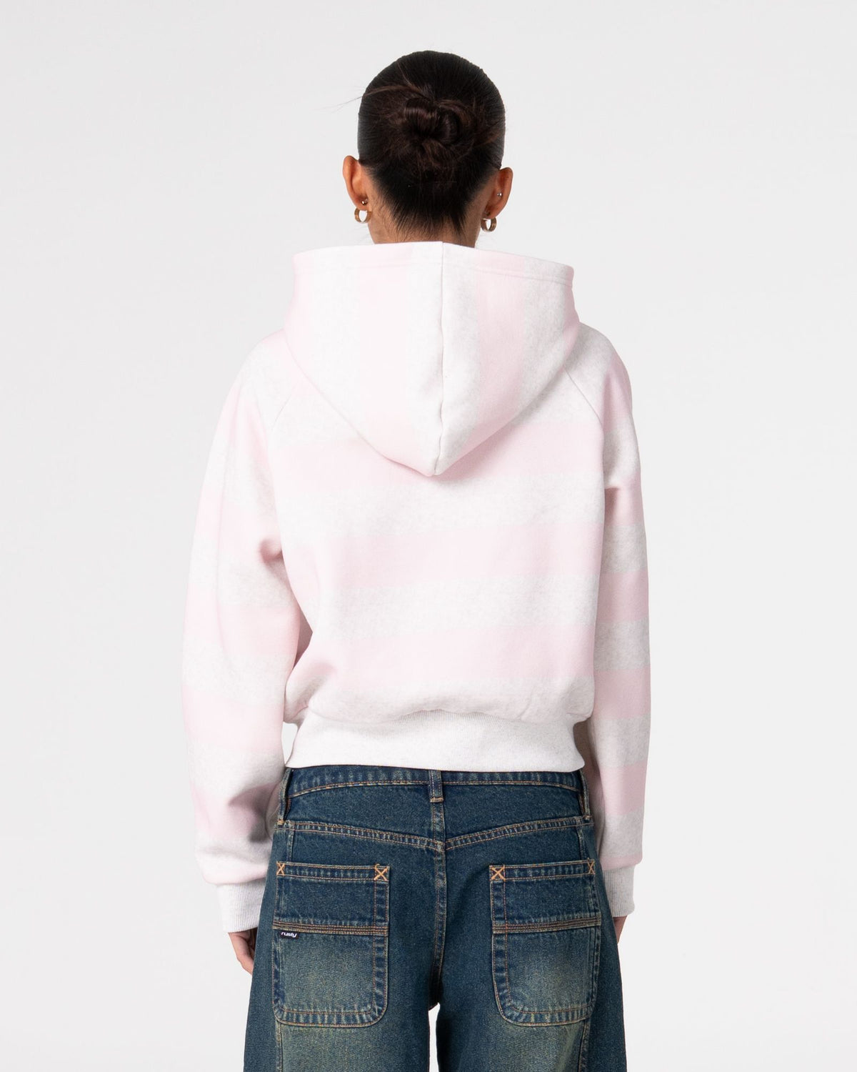 Rusty G6 CROPPED ZIP THROUGH HOODED FLEECE in ECRU MARLE / PINK