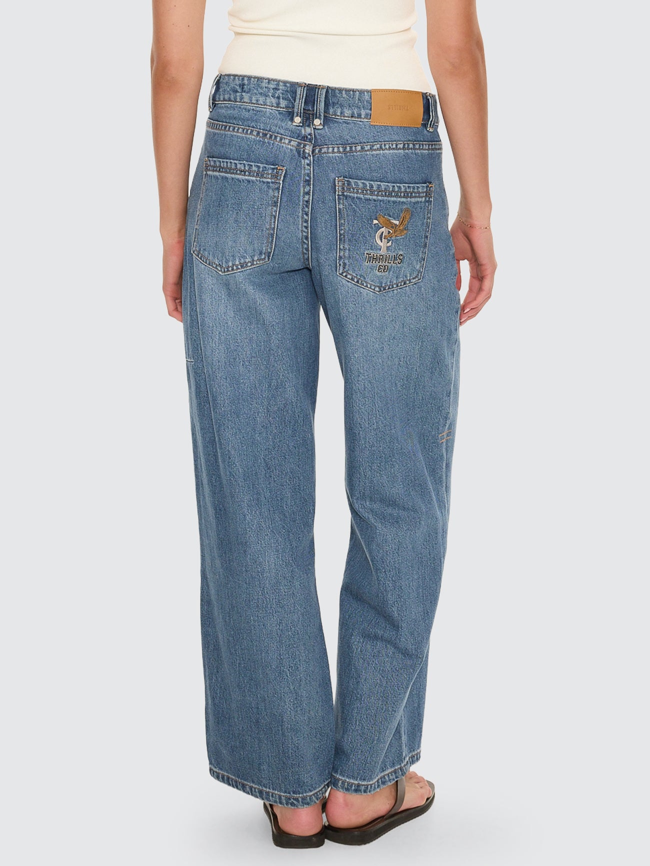 Thrills Co Billie Low Rise Baggy Embro Jean - Darker Dust Blue in Darker Dust Blue