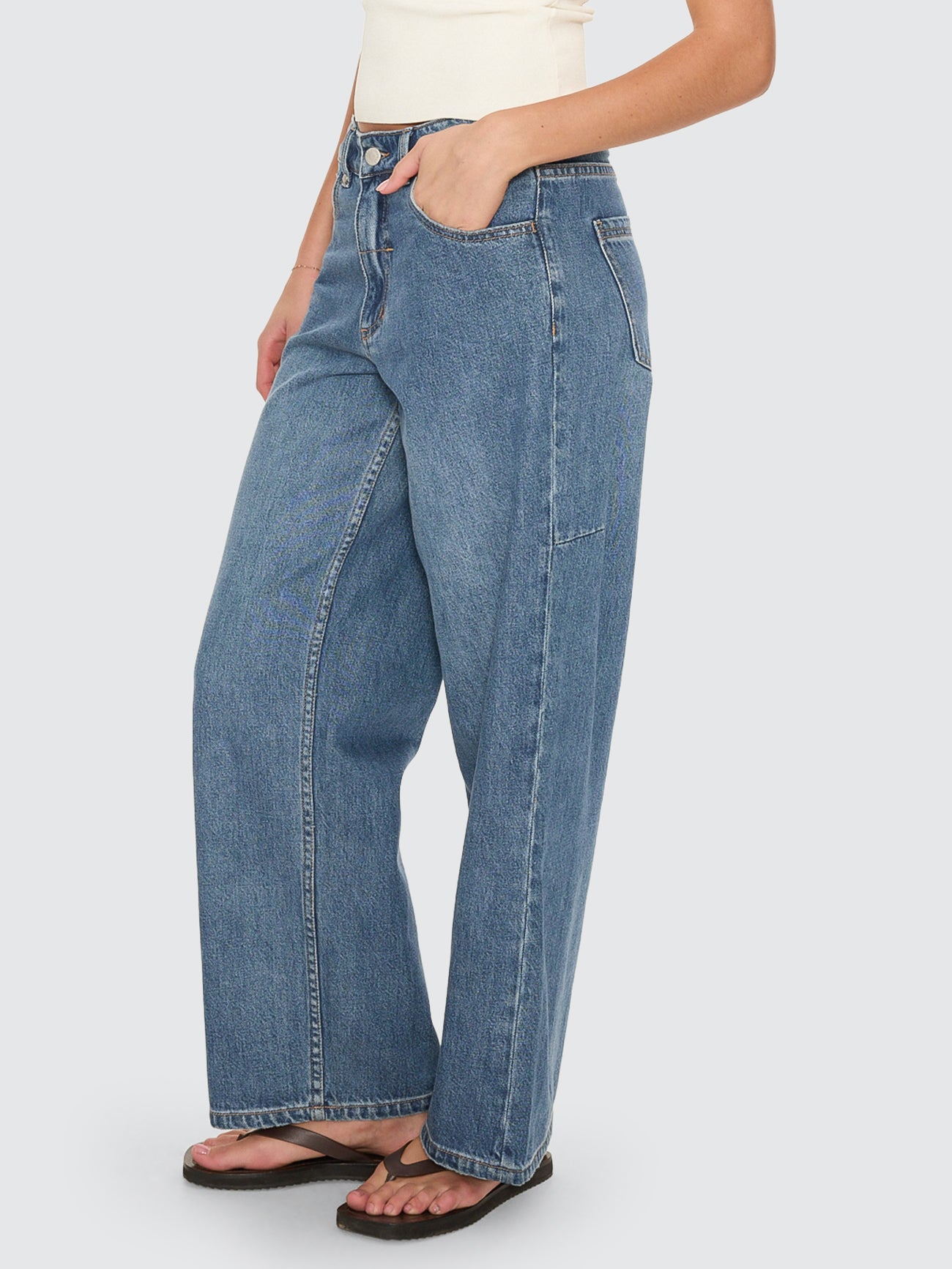 Thrills Co Billie Low Rise Baggy Embro Jean - Darker Dust Blue in Darker Dust Blue
