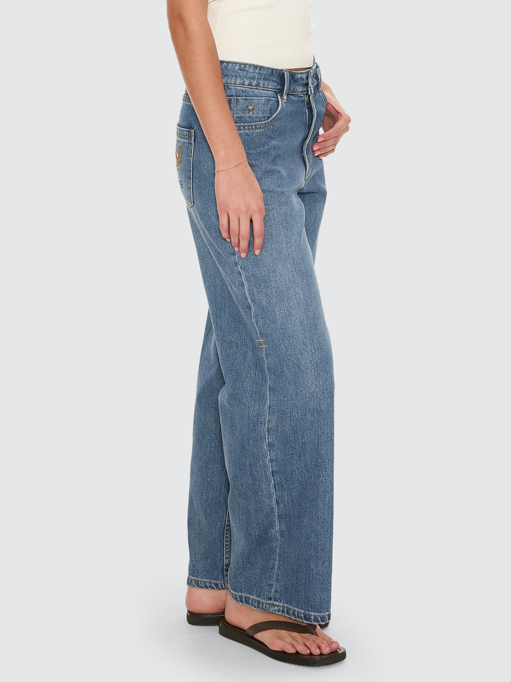 Thrills Co Billie Low Rise Baggy Embro Jean - Darker Dust Blue in Darker Dust Blue