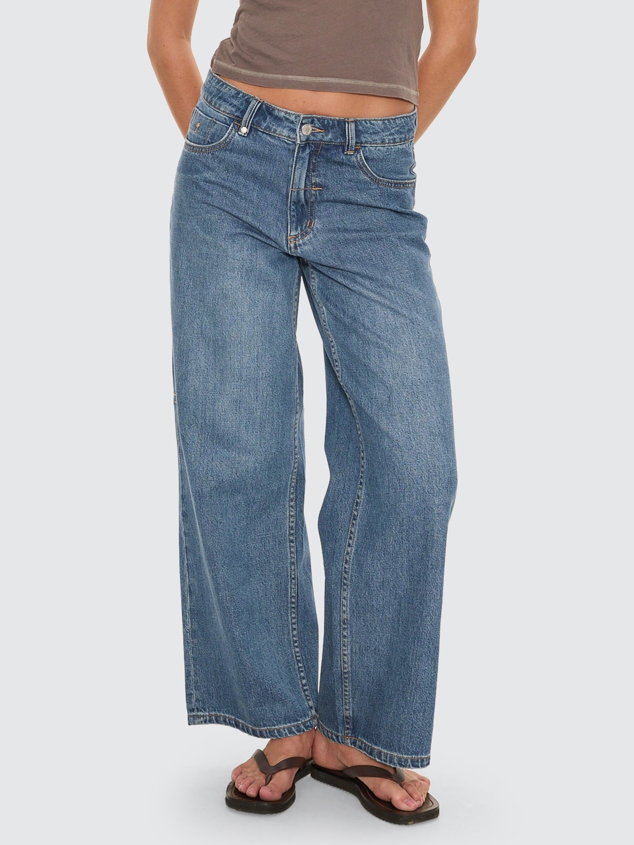 Thrills Co Billie Low Rise Baggy Embro Jean - Darker Dust Blue in Darker Dust Blue