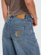 Thrills Co Billie Low Rise Baggy Embro Jean - Darker Dust Blue in Darker Dust Blue