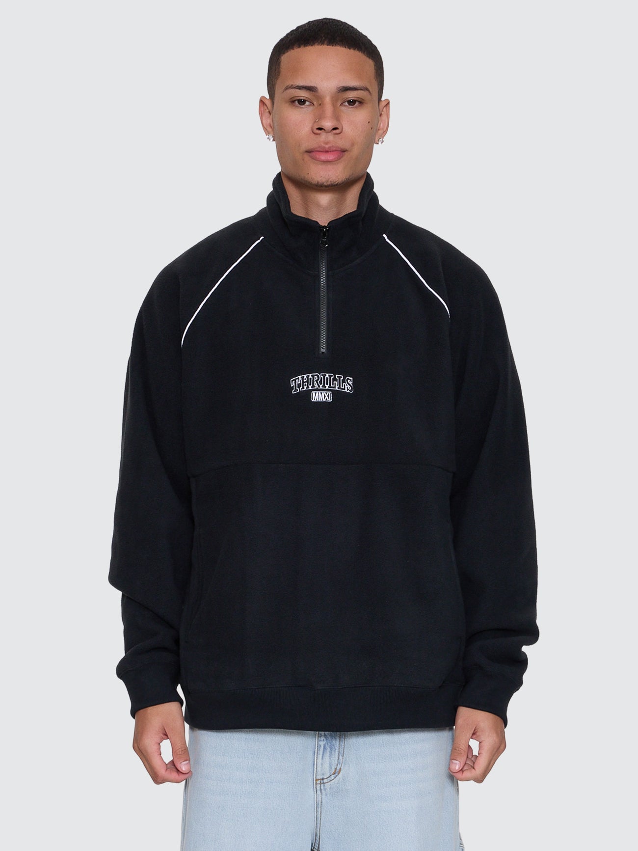 Thrills Co Thrill Of Victory Raglan Quarter Zip Polar Fleece - Faded Black in Faded Black