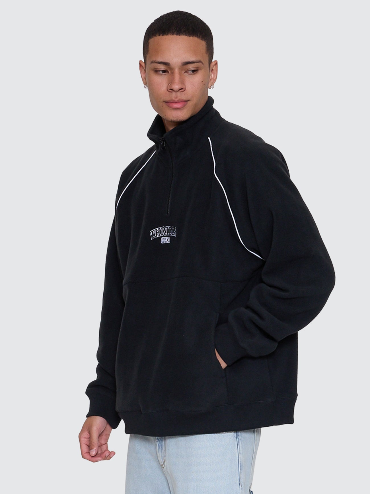 Thrills Co Thrill Of Victory Raglan Quarter Zip Polar Fleece - Faded Black in Faded Black