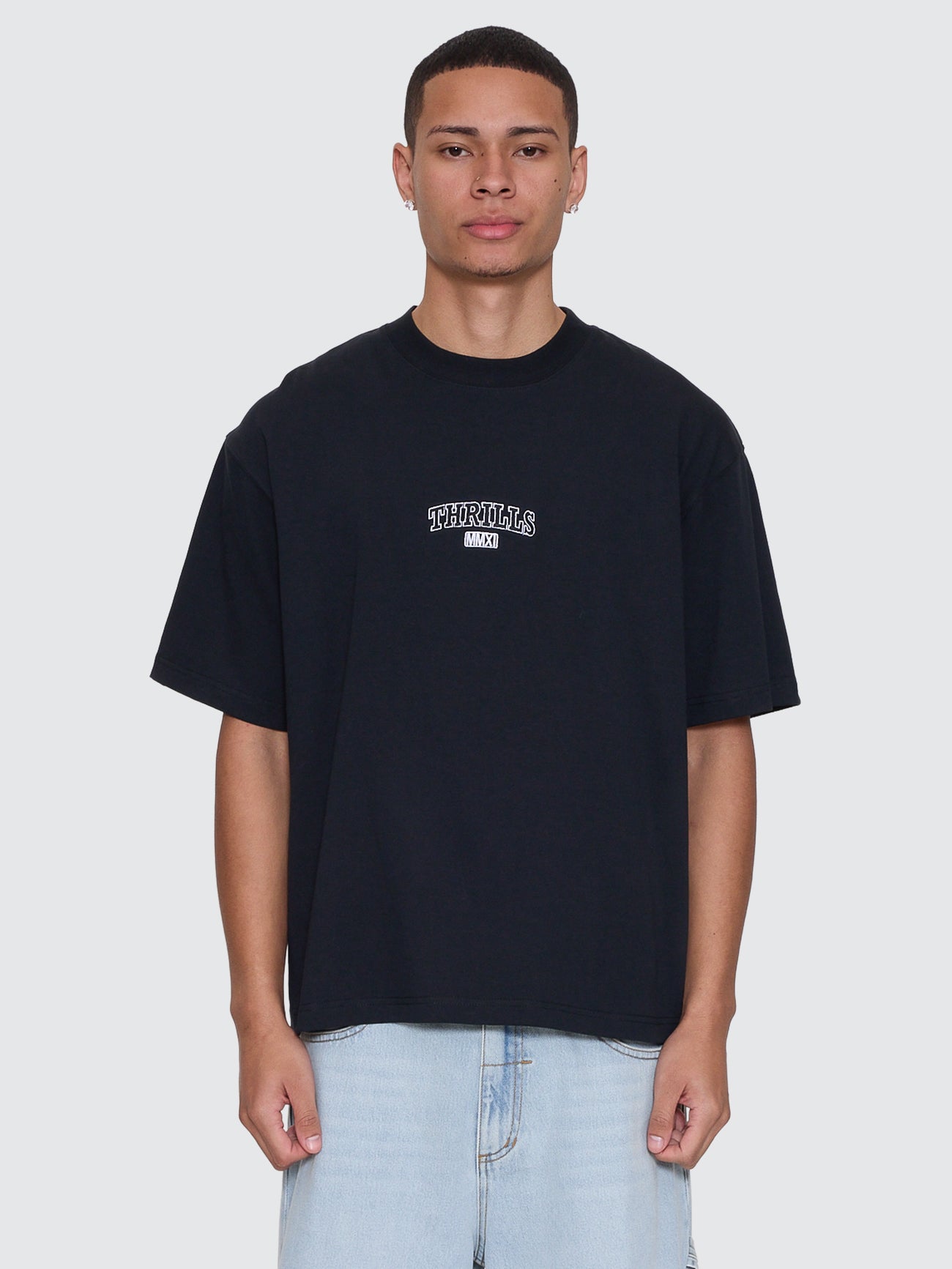 Thrills Co Victory Embro Box Fit Oversize Cropped Contrast Stitch Tee - Faded Black in Faded Black