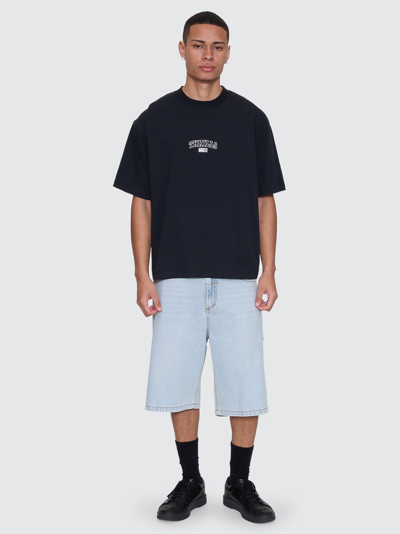 Thrills Co Victory Embro Box Fit Oversize Cropped Contrast Stitch Tee - Faded Black in Faded Black