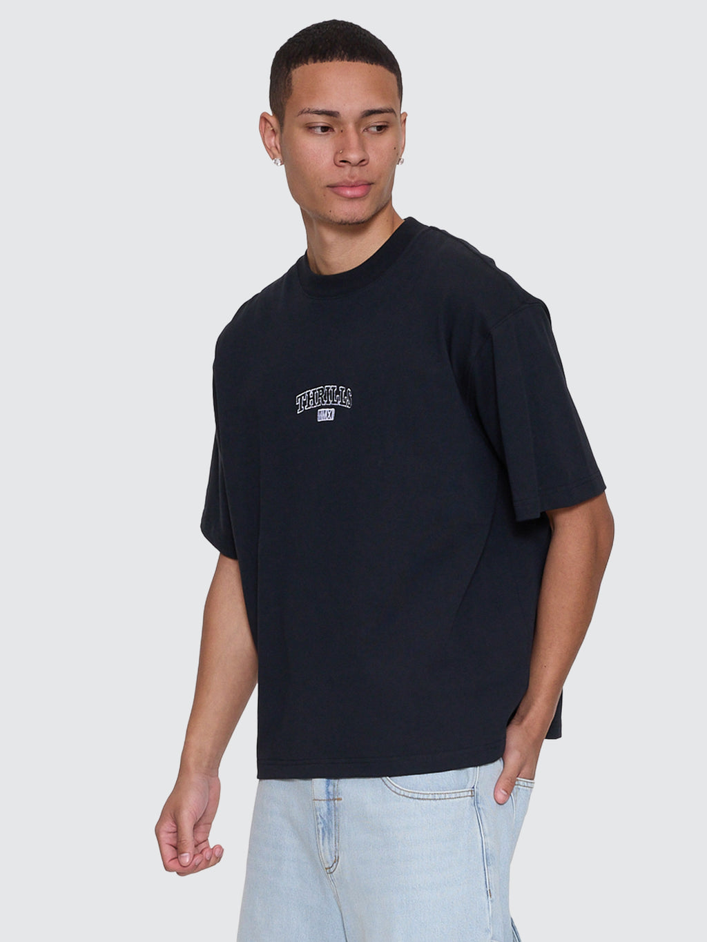 Thrills Co Victory Embro Box Fit Oversize Cropped Contrast Stitch Tee - Faded Black in Faded Black