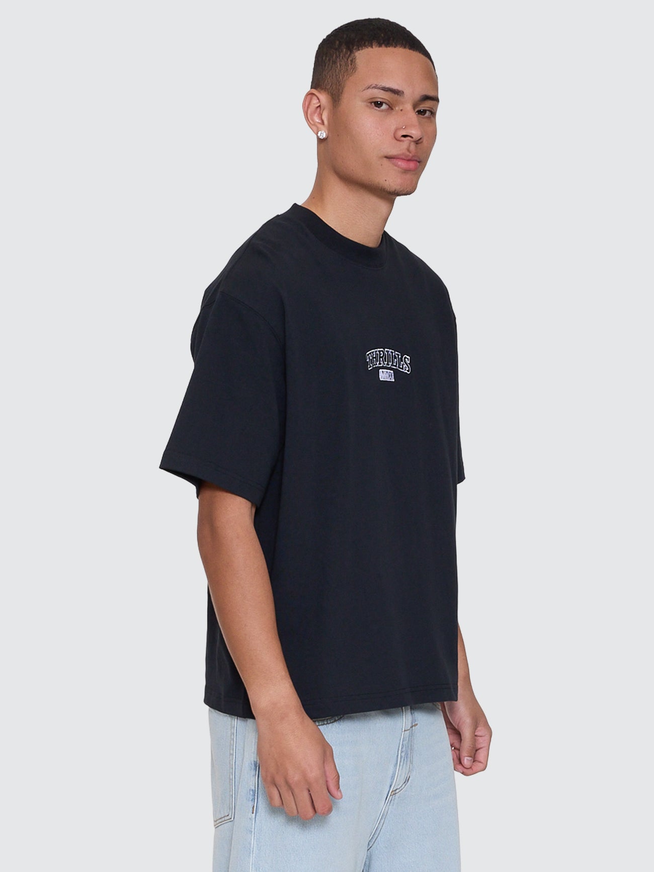 Thrills Co Victory Embro Box Fit Oversize Cropped Contrast Stitch Tee - Faded Black in Faded Black