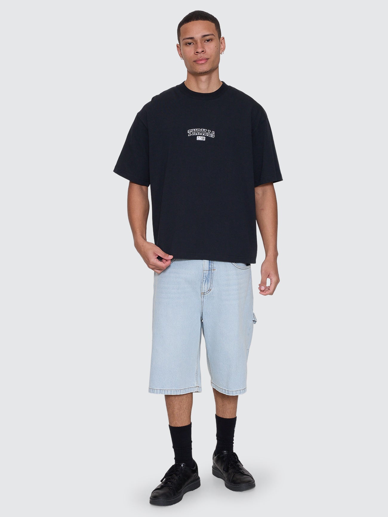 Thrills Co Victory Embro Box Fit Oversize Cropped Contrast Stitch Tee - Faded Black in Faded Black