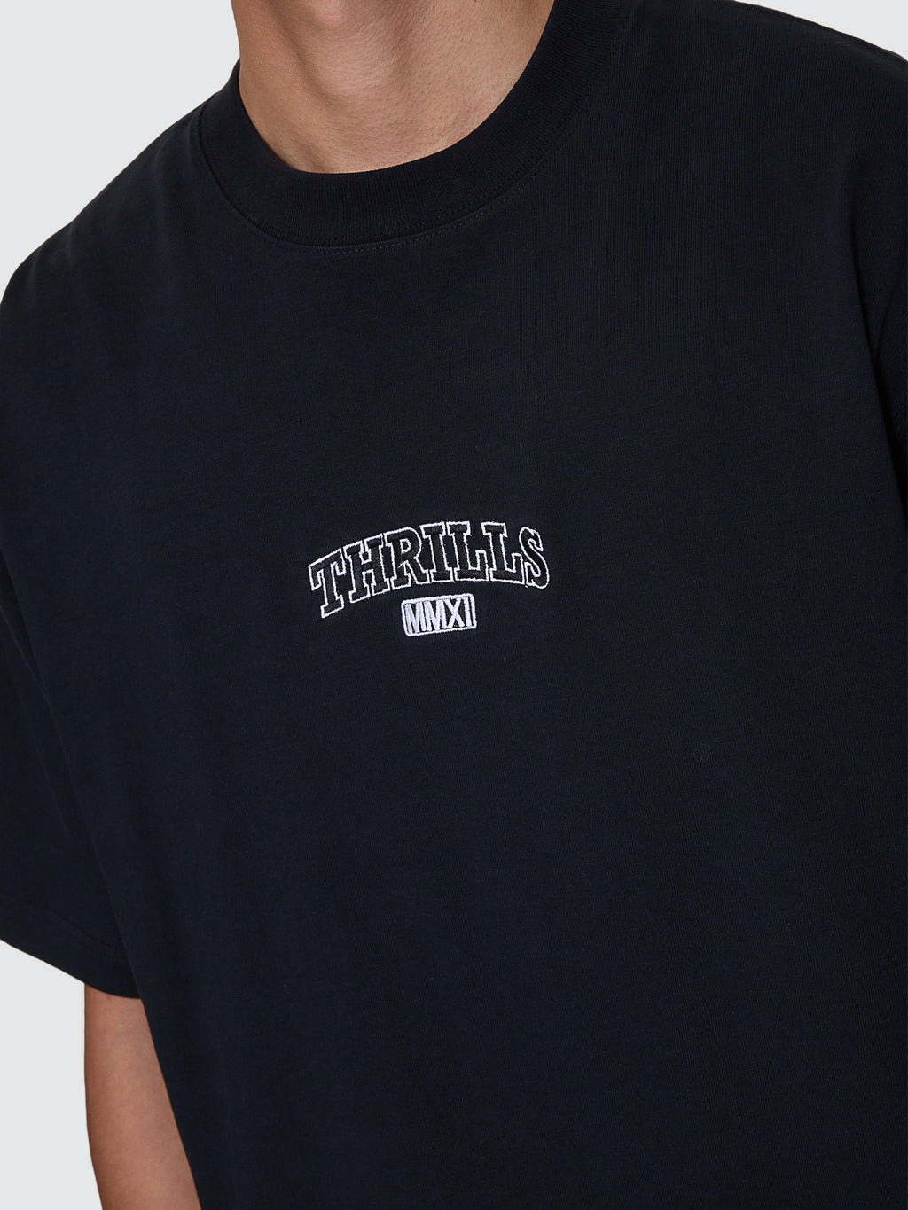 Thrills Co Victory Embro Box Fit Oversize Cropped Contrast Stitch Tee - Faded Black in Faded Black