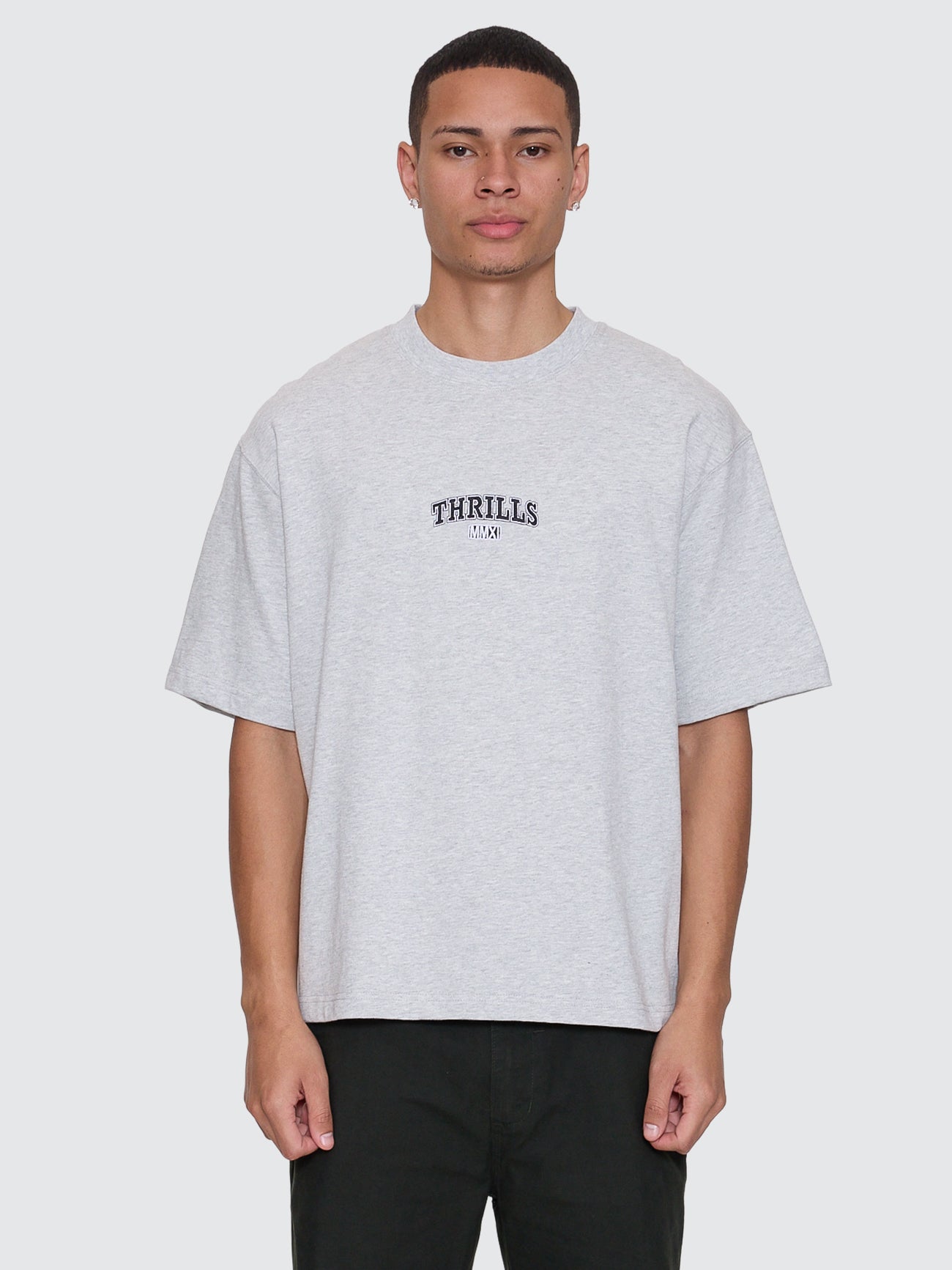 Thrills Co Victory Embro Box Fit Oversize Cropped Contrast Stitch Tee - Snow Marle in Snow Marle