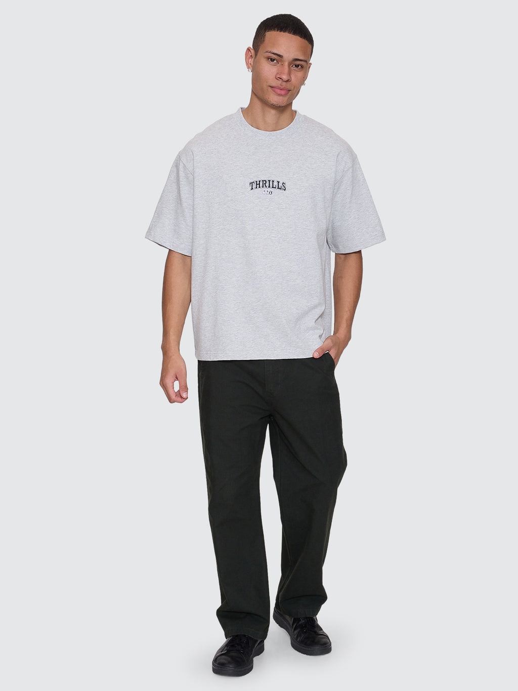Thrills Co Victory Embro Box Fit Oversize Cropped Contrast Stitch Tee - Snow Marle in Snow Marle