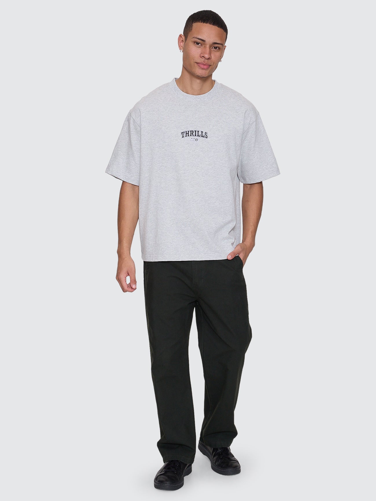 Thrills Co Victory Embro Box Fit Oversize Cropped Contrast Stitch Tee - Snow Marle in Snow Marle