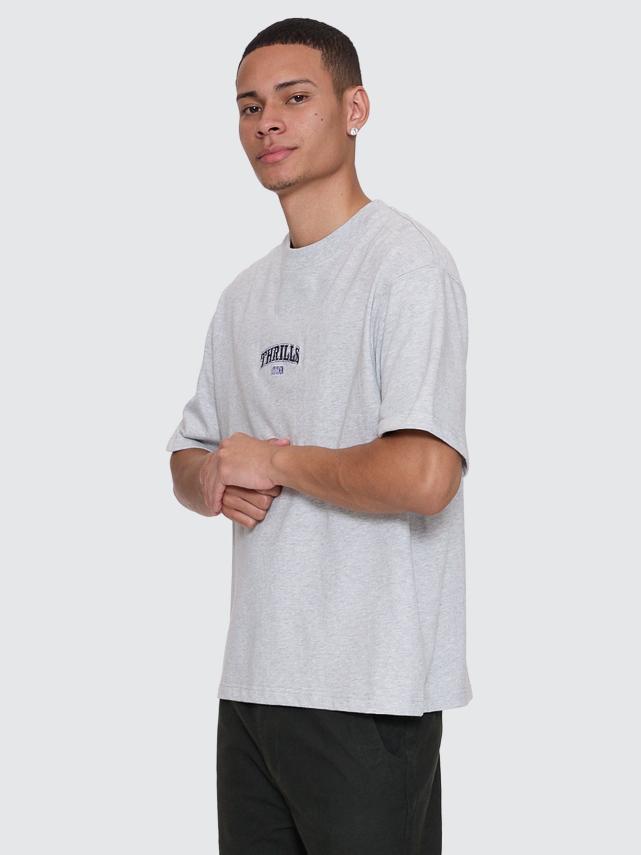 Thrills Co Victory Embro Box Fit Oversize Cropped Contrast Stitch Tee - Snow Marle in Snow Marle