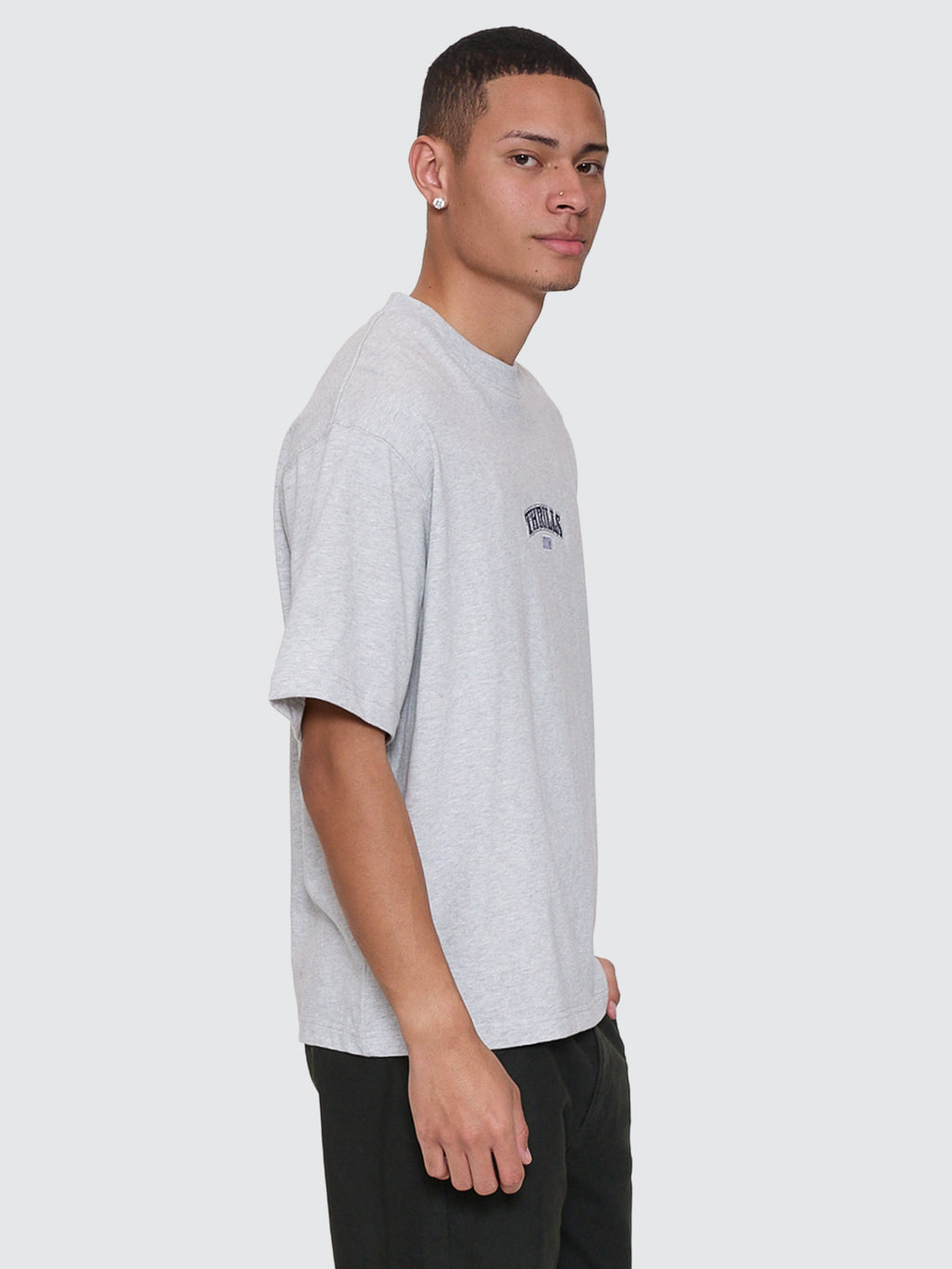 Thrills Co Victory Embro Box Fit Oversize Cropped Contrast Stitch Tee - Snow Marle in Snow Marle