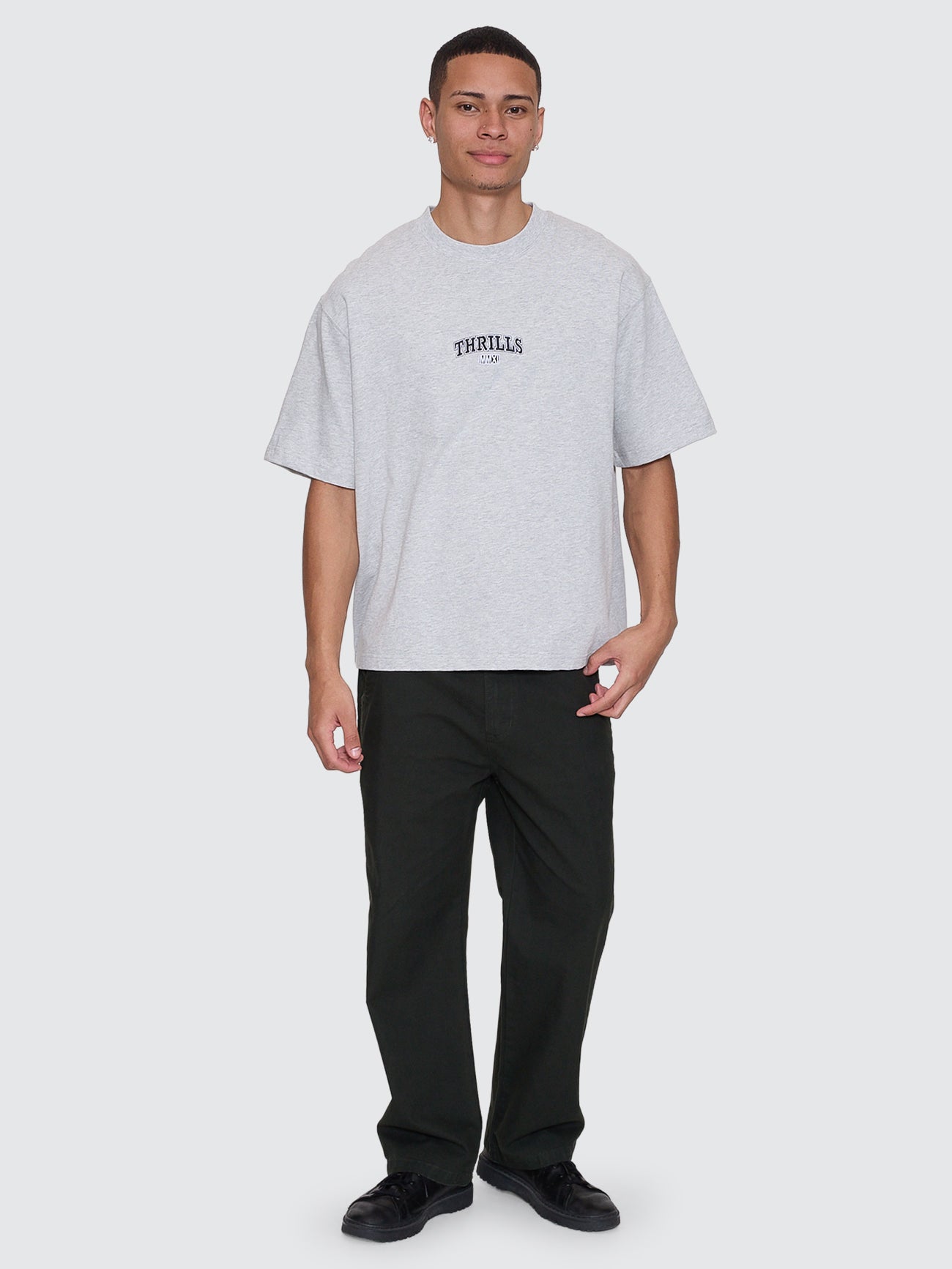 Thrills Co Victory Embro Box Fit Oversize Cropped Contrast Stitch Tee - Snow Marle in Snow Marle