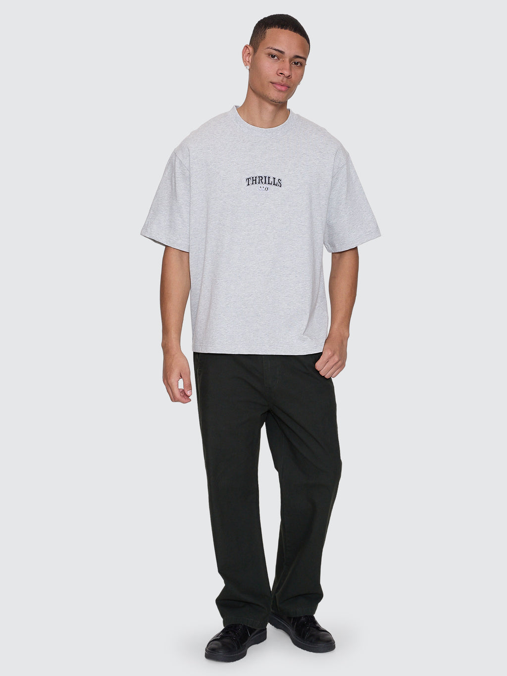 Thrills Co Victory Embro Box Fit Oversize Cropped Contrast Stitch Tee - Snow Marle in Snow Marle