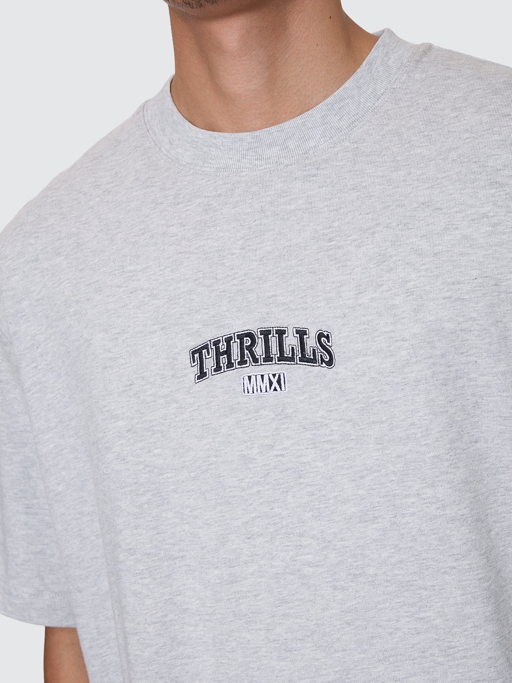 Thrills Co Victory Embro Box Fit Oversize Cropped Contrast Stitch Tee - Snow Marle in Snow Marle